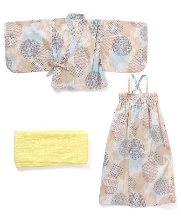 日本 apres les cours - 華麗腰帶風純棉二件式浴衣-椿花-紅藍條紋