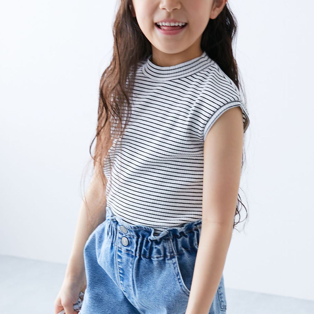 甜美羅紋小立領法式袖上衣-黑白條紋