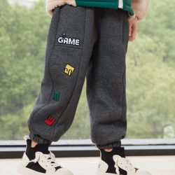 BOMI - 加絨腰鬆緊休閒保暖束口長褲-GAME-深灰色