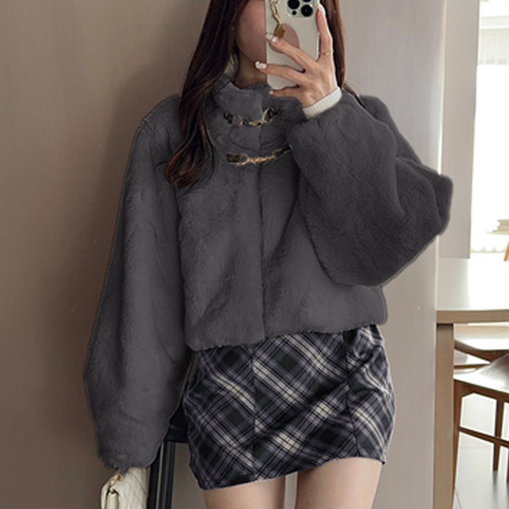 溫暖毛絨時尚金屬扣環短版外套-深灰 (F)