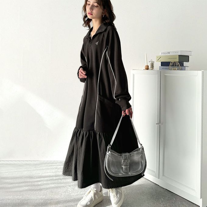 日本 Classical Elf - 異素材荷葉拼接半拉鍊寬版長袖洋裝-黑