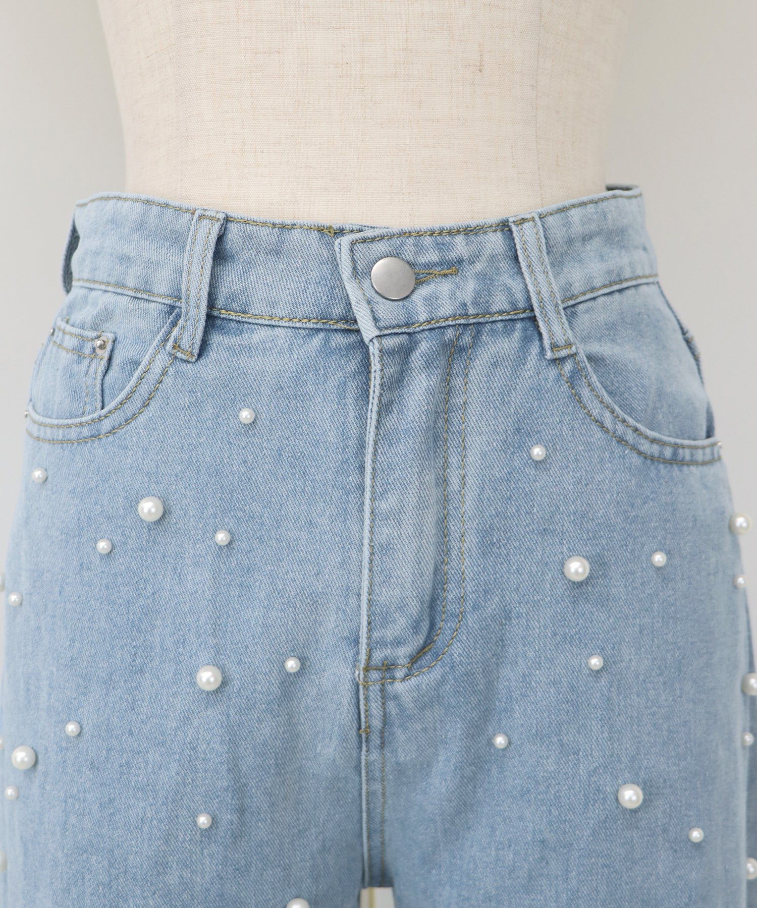 日本 BLUE EAST - 熱銷款 時尚珍珠點綴牛仔褲-B款-靛藍