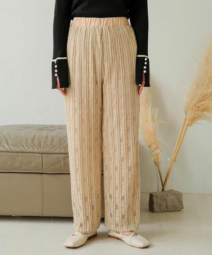 日本 Bou Jeloud - 蕾絲雕花垂墜寬褲-軍綠