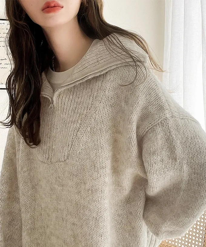 日本 Classical Elf - Java 半拉鏈率性寬鬆素面毛衣-藍