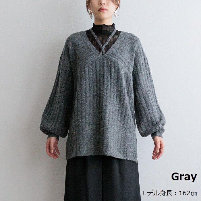 日本 ihuu - 特色綁帶V領針織毛衣-淺灰