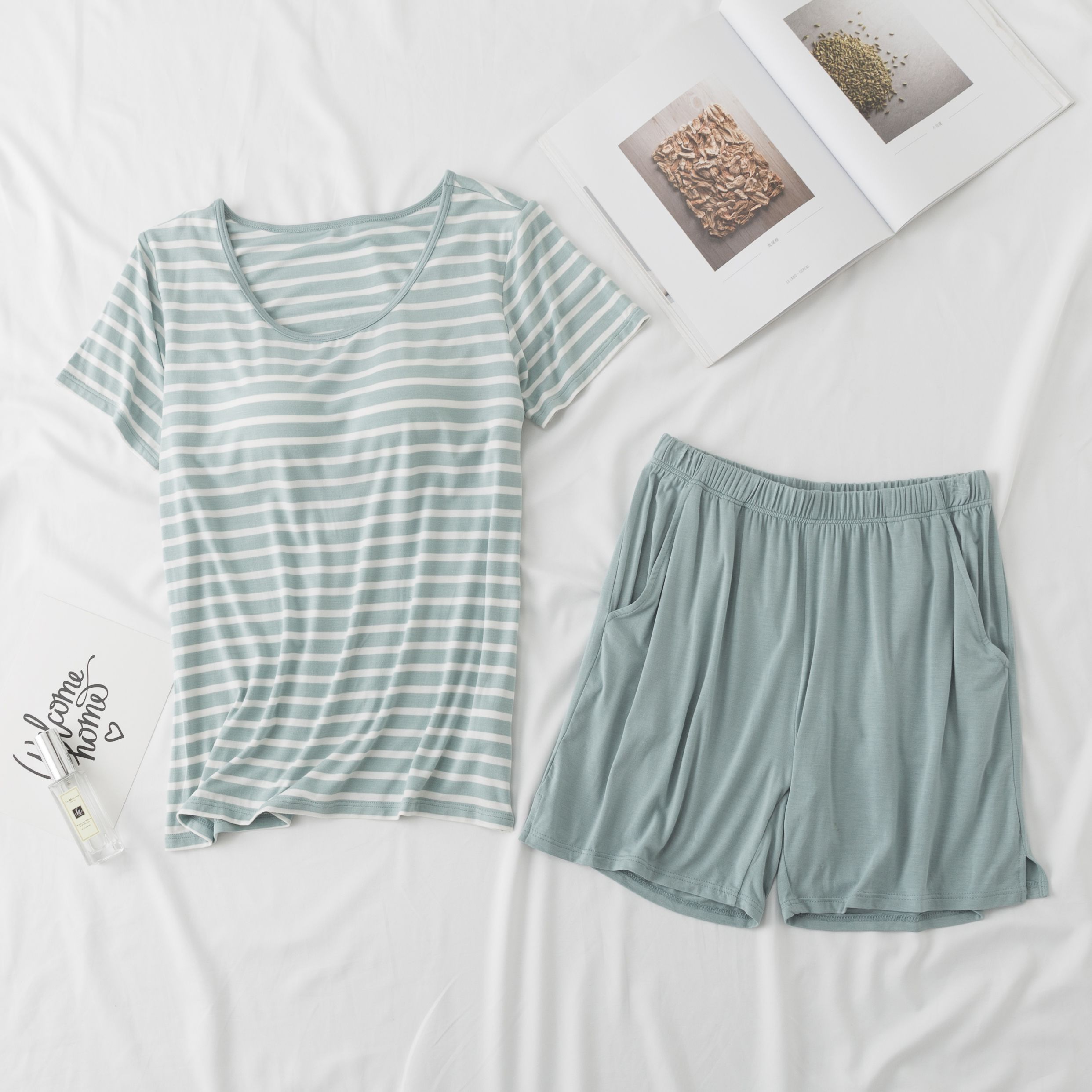 棉質柔軟涼感Bra T家居服-短褲套裝-綠白條紋