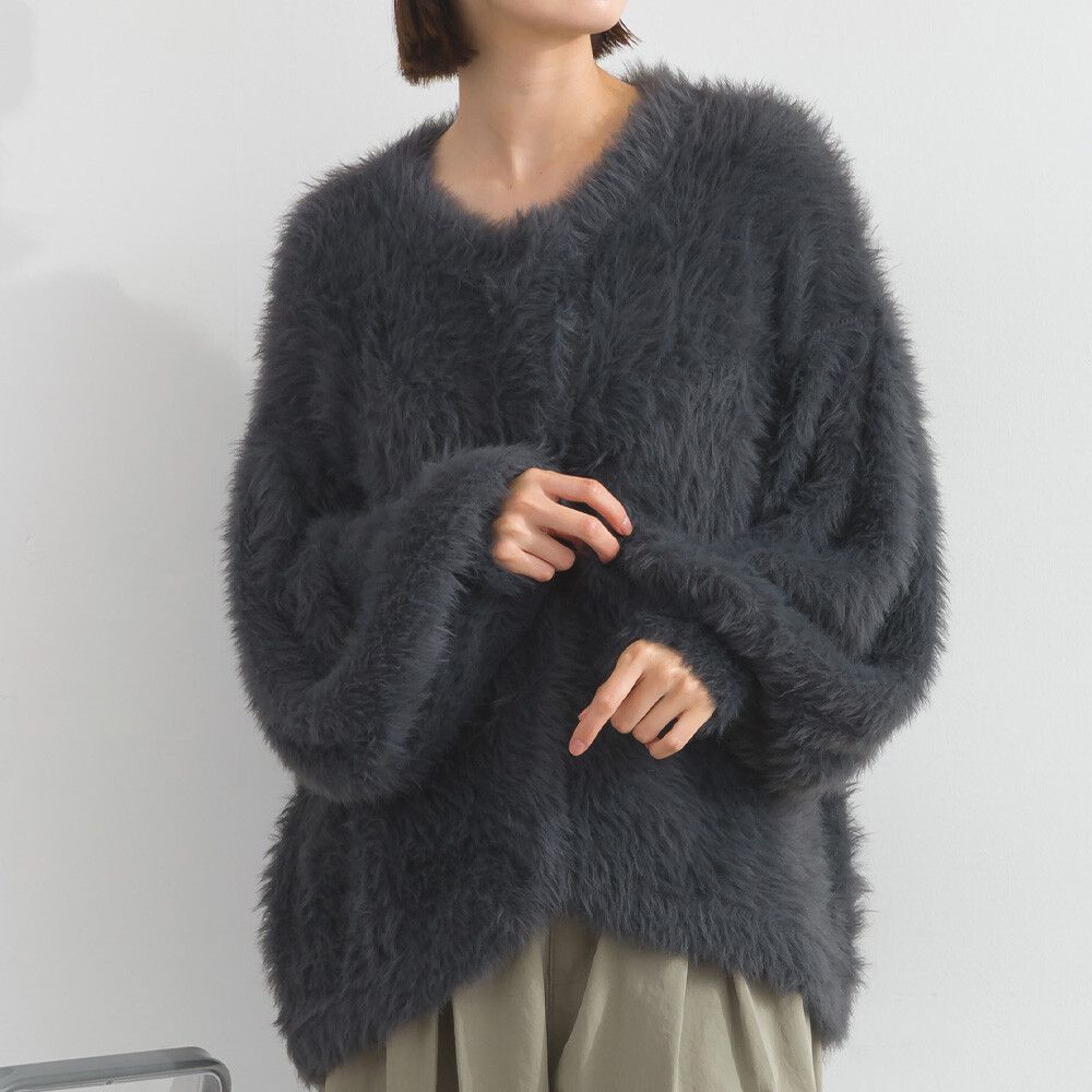 柔和蓬鬆毛海繭型針織開襟衫/外套-炭灰