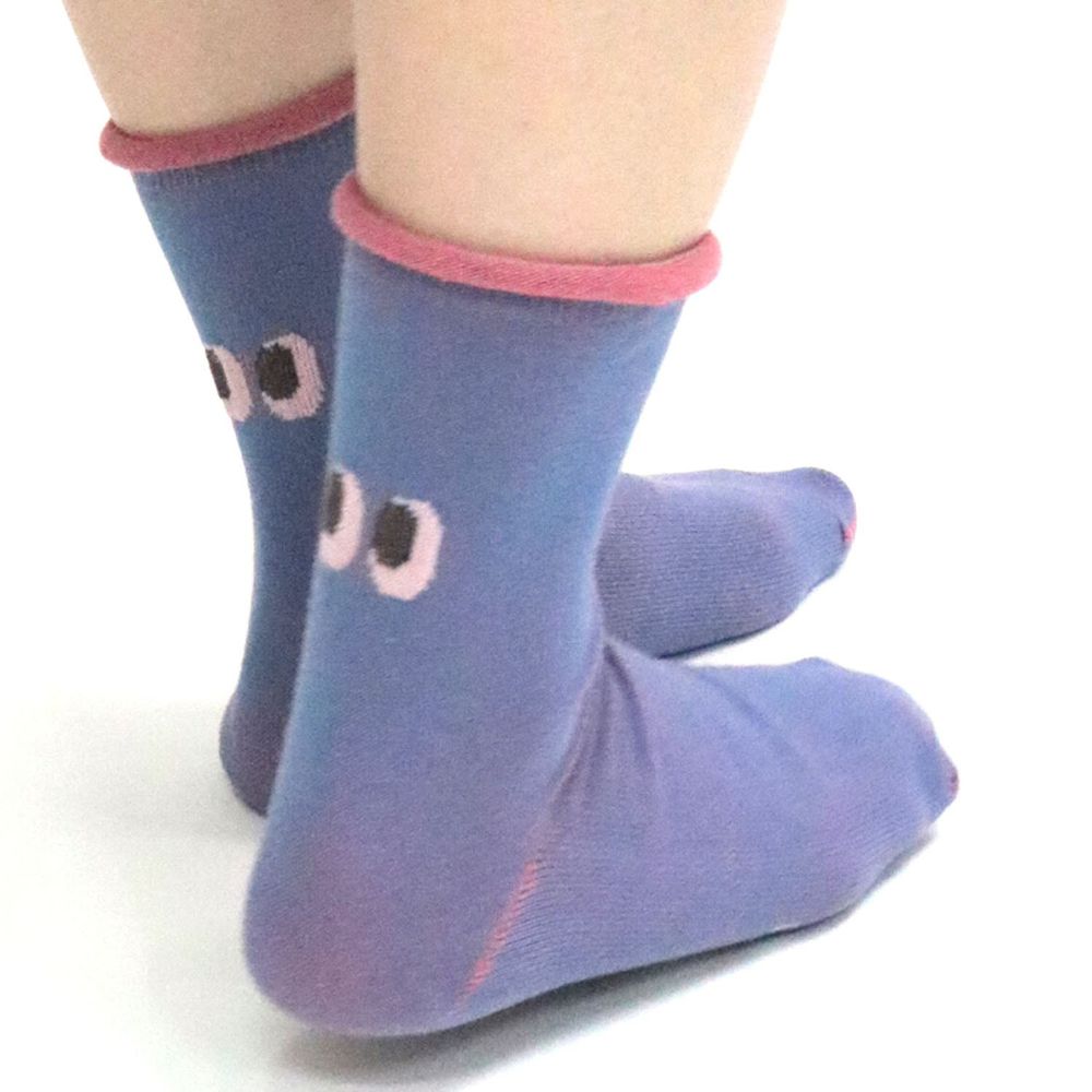 日本 TAWARA - (媽媽)小捲邊中筒襪-KAO表情君-水藍 (22.5-24.5cm)