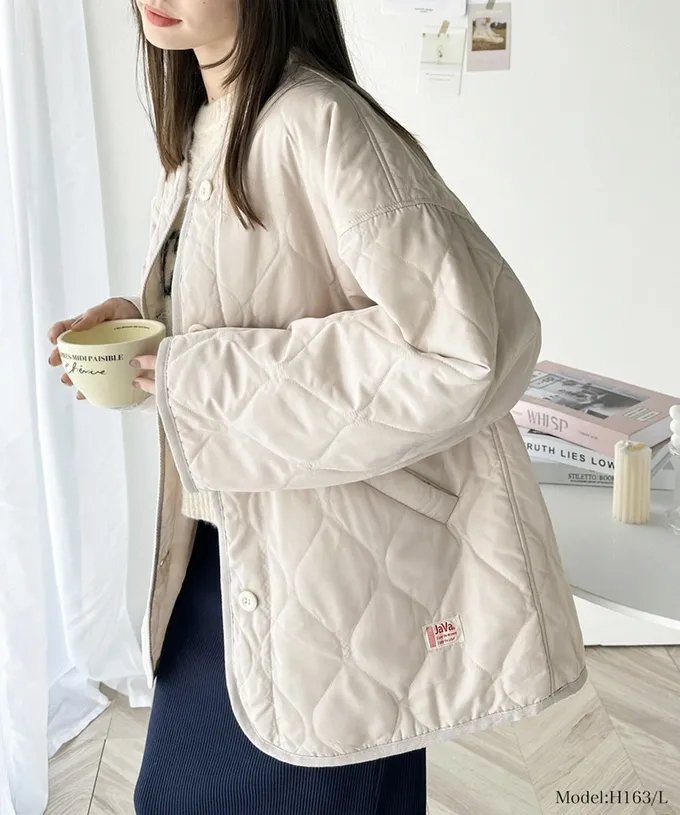 日本 Classical Elf - 簡約絎縫泡泡紋鋪棉外套-焦糖咖