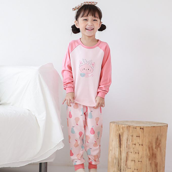 正韓 Cogibu - 極舒適無螢光劑 100% 有機棉(雙面)幼兒/兒童長袖睡衣/家居服套裝組-梨子貓