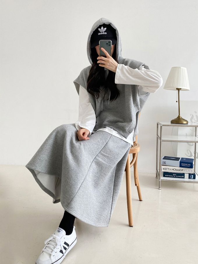 韓國女裝連線 - 休閒風連帽背心長裙套裝-黑 (FREE)