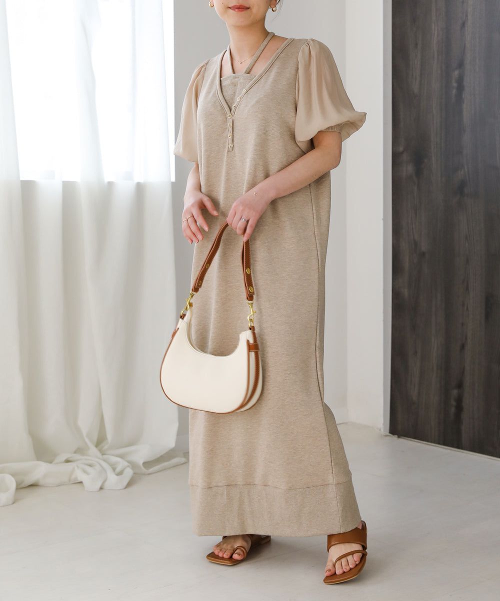 日本 Bab - 優雅綁帶V領泡泡袖洋裝-淺摩卡