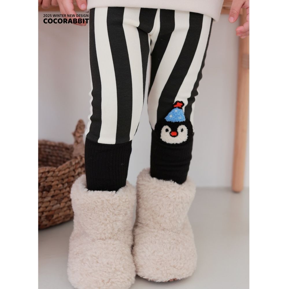 Coco rabbit 鬆緊腰直紋拼色彈力褲-毛絨企鵝-黑