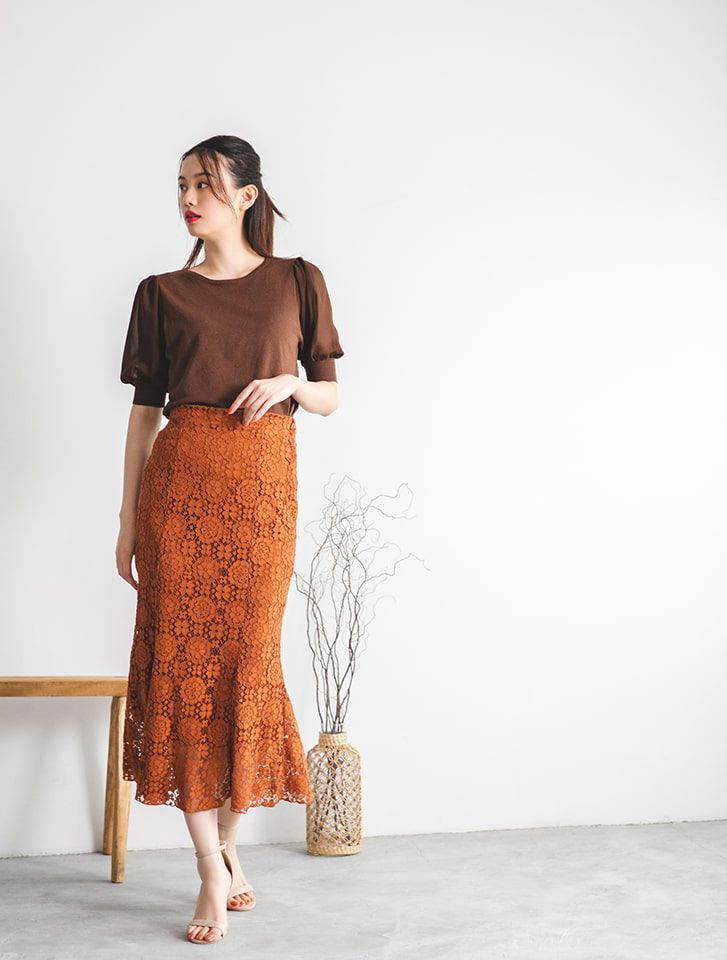 日本 fifth - 異材質拼接澎袖圓領五分袖上衣-咖啡