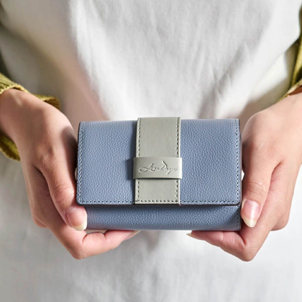 真皮迷你三折配色風琴短夾-藍x淺灰