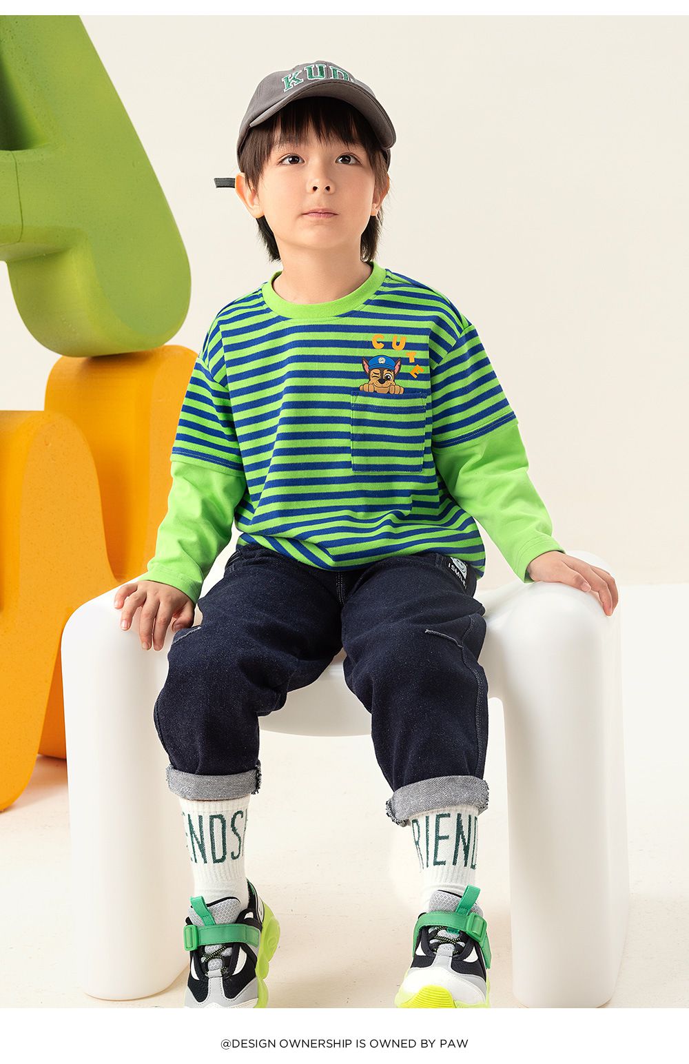 卡通汪汪隊圓領條紋拼接長袖上衣-卡通人物阿奇-綠色