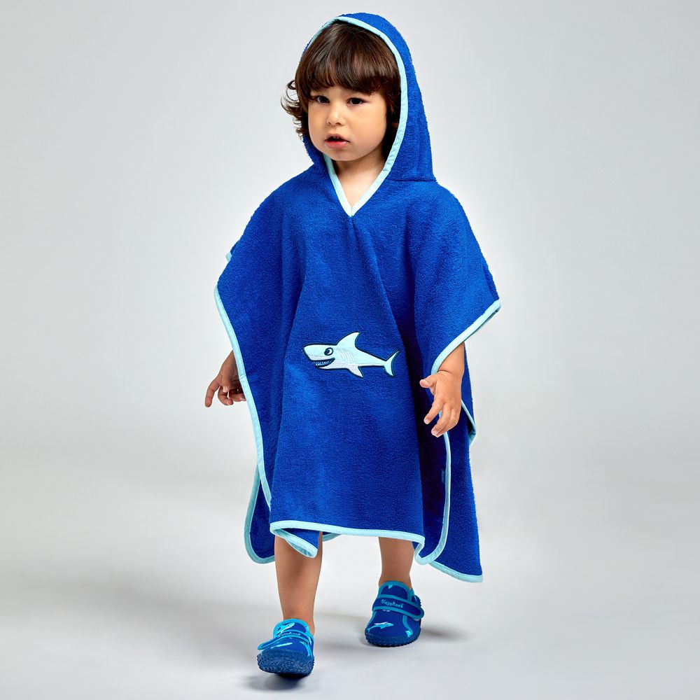 德國Playshoes - 純棉嬰兒童造型連帽斗篷浴巾/浴袍-藍鯊魚