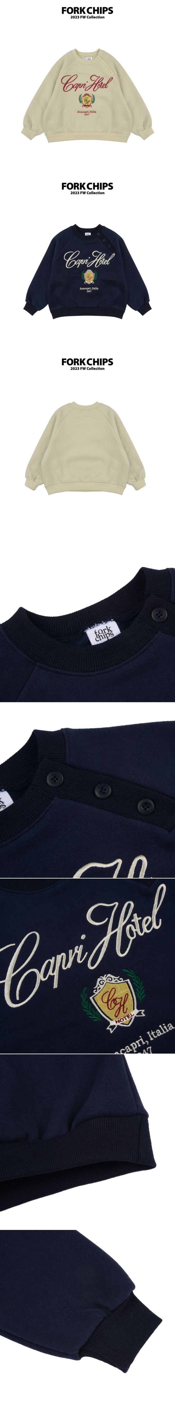 韓國 FORK CHIPS - (內磨毛)刺繡點綴圓領大學T-深藍