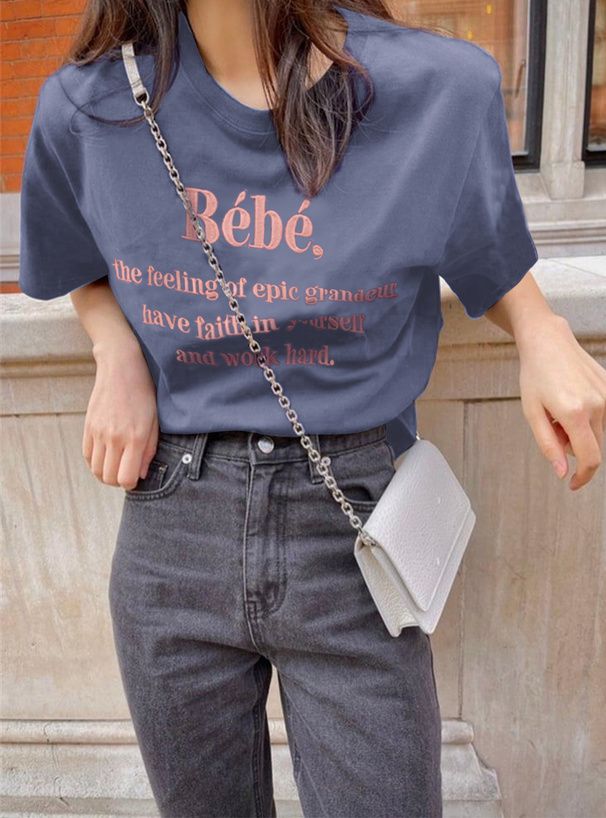 日本 GRL - 棉混百搭印花短袖上衣-Bebe-深藍 (F)