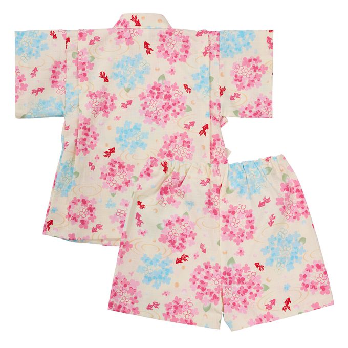 akachan honpo - 兩件式甚平-繡球花、金魚-淺卡其色