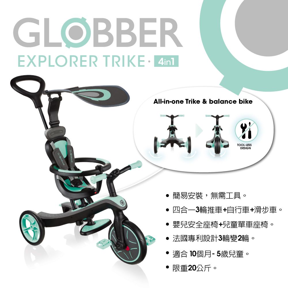 (微盒損福利品) GLOBBER 4合1多功能3輪推車-薄荷綠