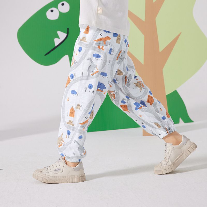 純棉束口長褲/防蚊褲-恐龍城鎮-白色