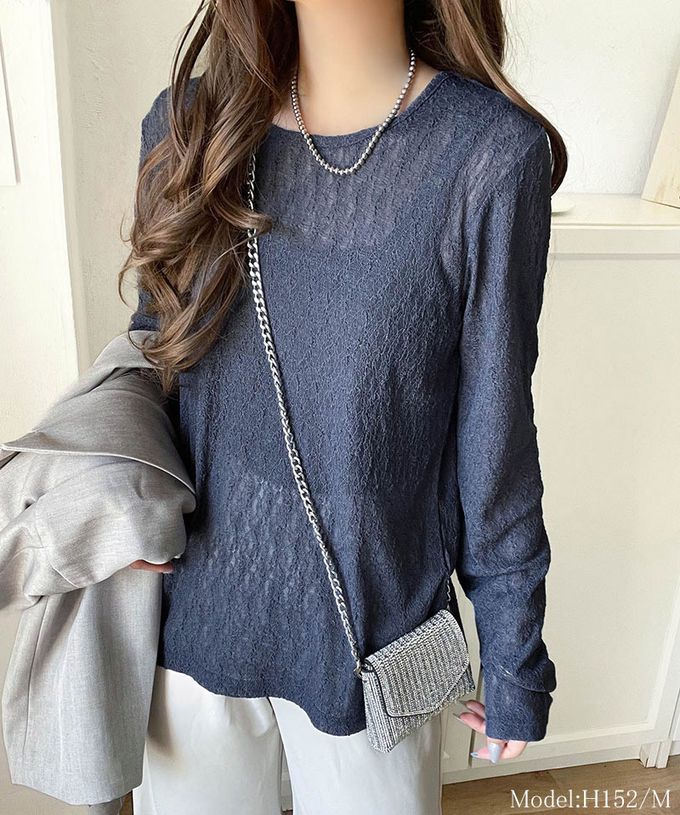 日本 Classical Elf - 網狀蕾絲透膚圓領長袖上衣-藍