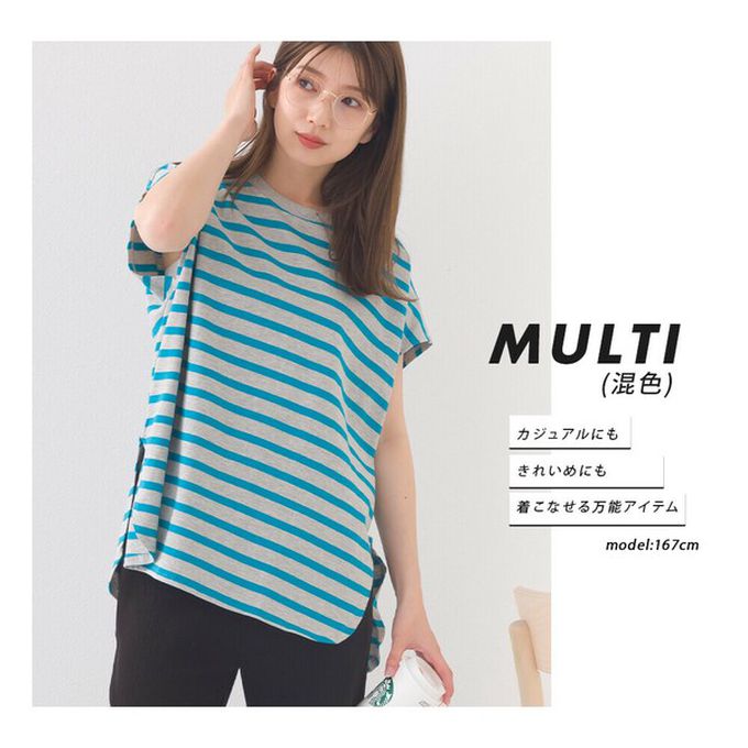 日本 OMNES - 接觸冷感 純棉不易皺法式袖上衣-粗條紋-黑x白