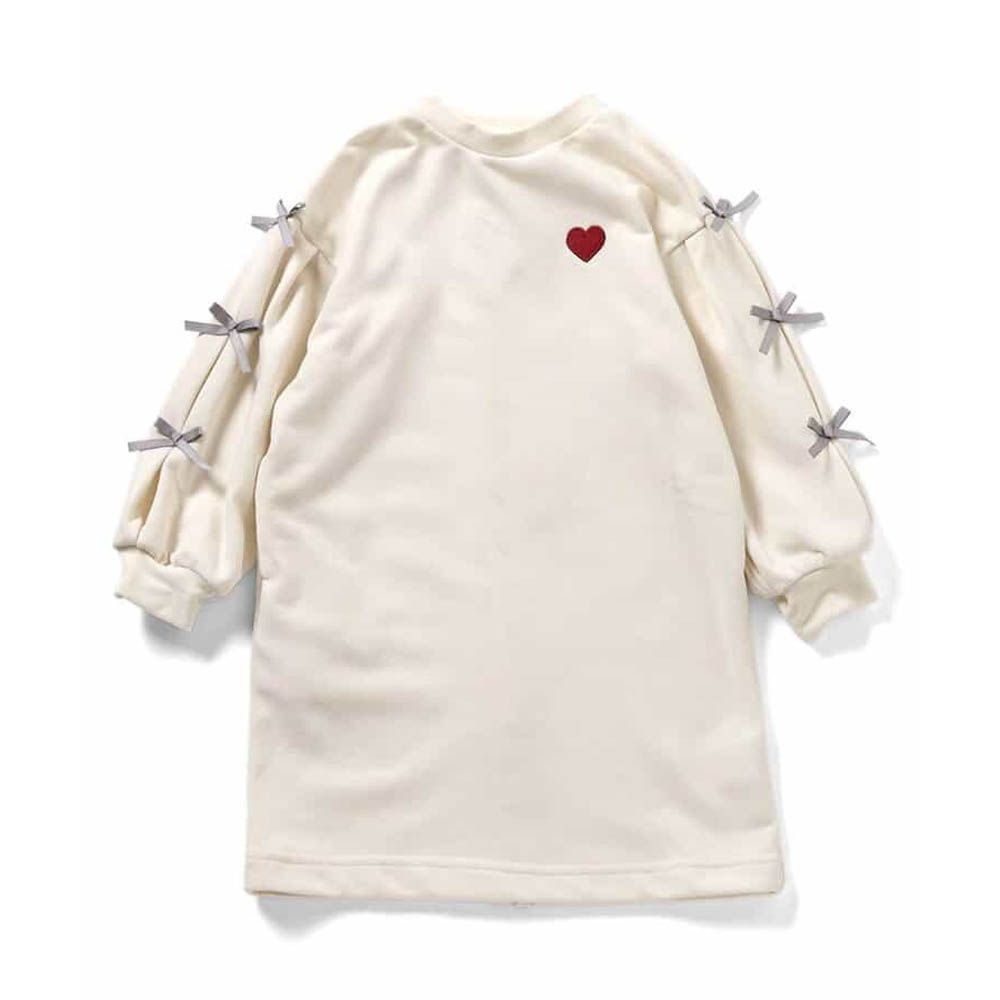 蝴蝶結綁帶刺繡愛心長袖洋裝-象牙白