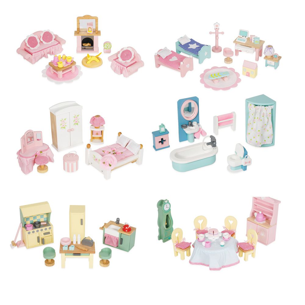 英國 Le Toy Van - Daisy Lane 英式奢華風系列6套組-餐廳+主臥室+客廳+廚房+浴室+小孩房