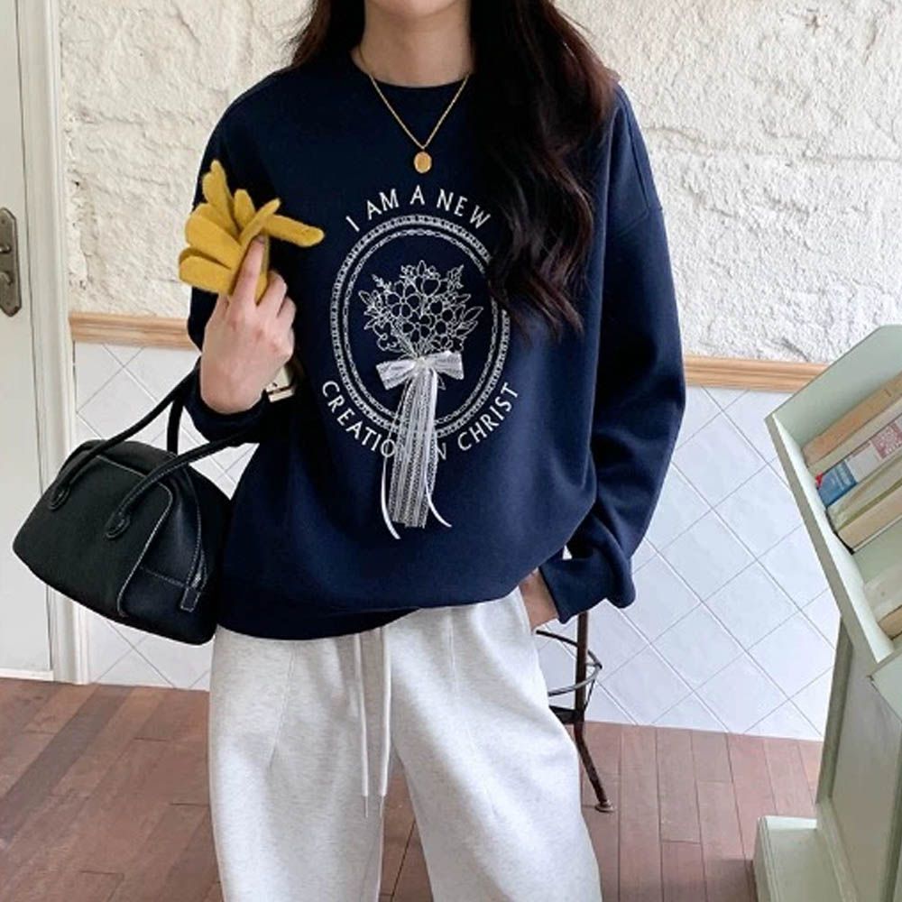 長袖大學T-釘珠蕾絲蝴蝶結-藏青 (F)