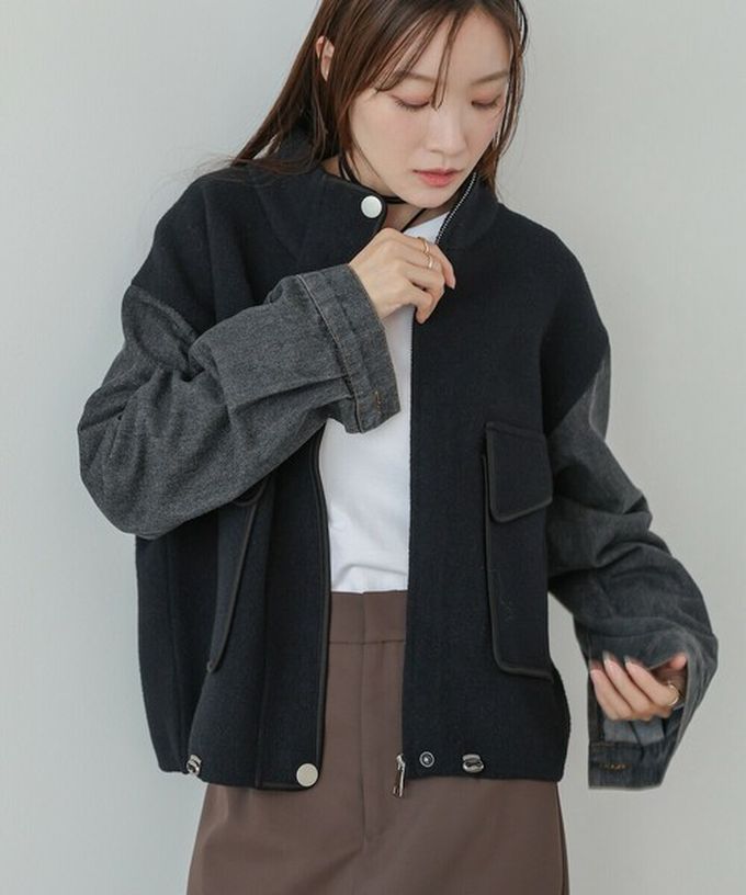 日本 Bab - 俐落簡潔丹寧袖拼接夾克/外套-黑系