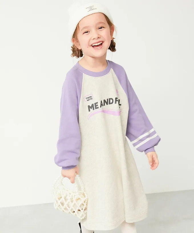 日本 devirock - 100%棉 撞色印花長袖洋裝-灰X藍Ｘ粉紅