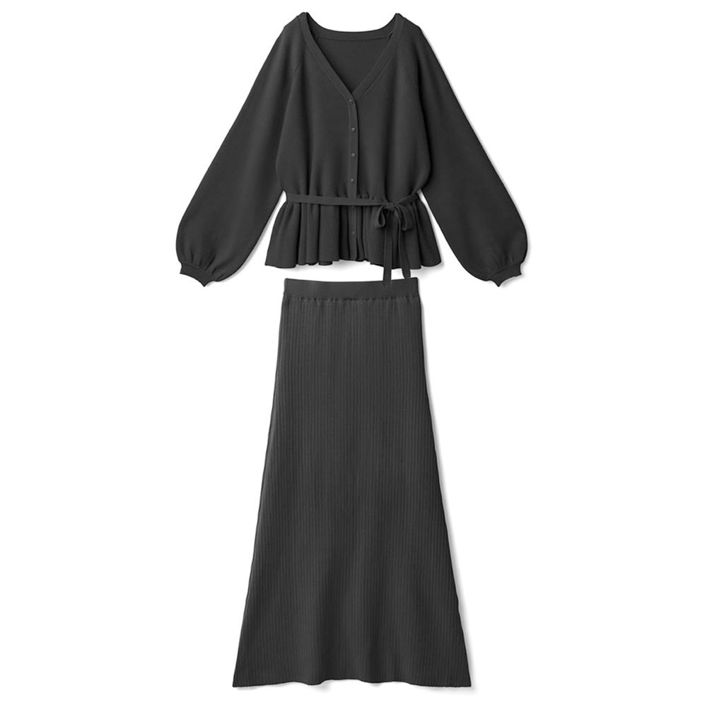 日本 GRL - 明星聯名款 優雅垂墜綁帶上衣X羅紋長裙套裝-時尚黑