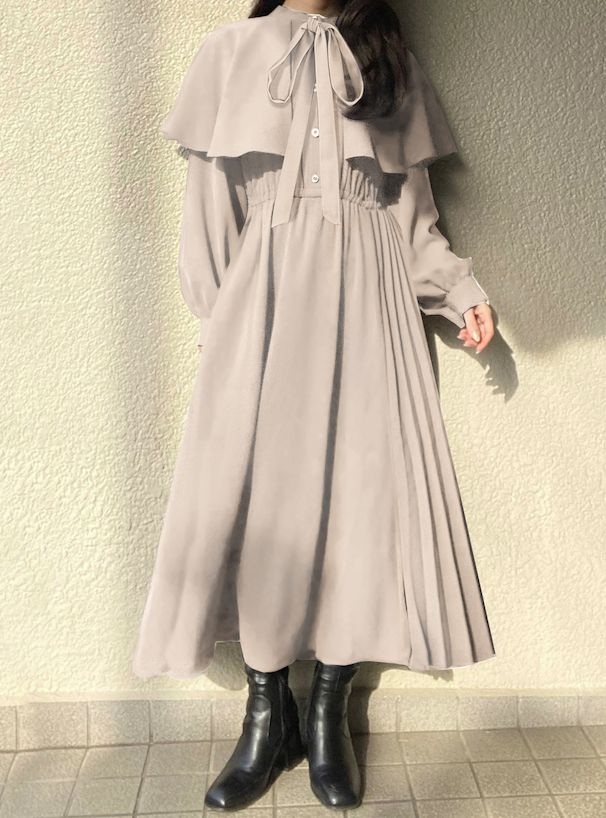 日本 GRL - 法式復古斗篷領收腰長袖洋裝-海軍藍