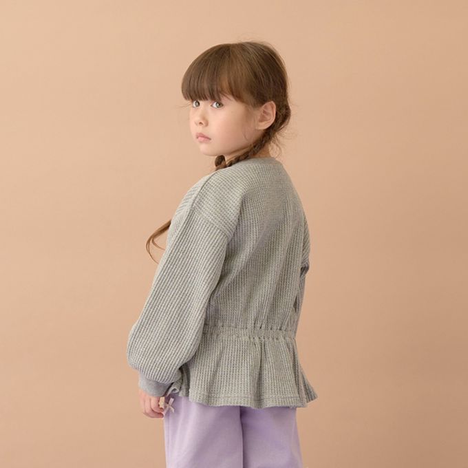 日本 Lycee mine - 華夫格領口小花束腰長袖上衣-淺藍