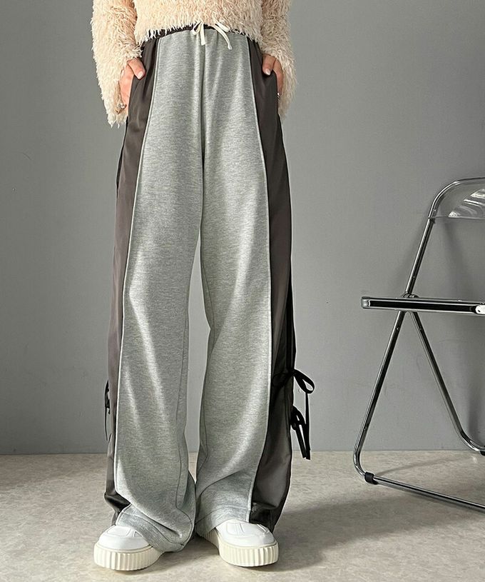 日本 Classical Elf - mily bilet 撞色拼接側綁帶寬褲-米杏