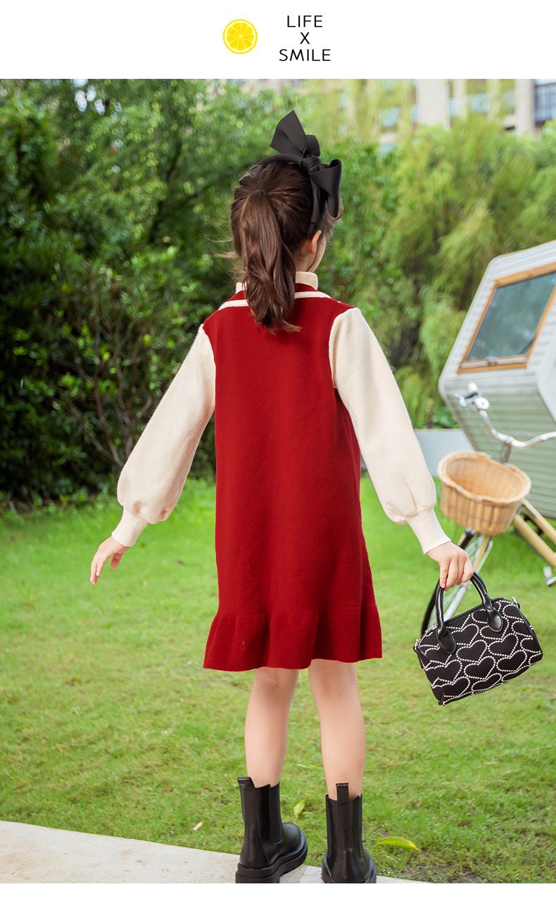 假兩件V領泡泡袖毛衣連身裙-黑色