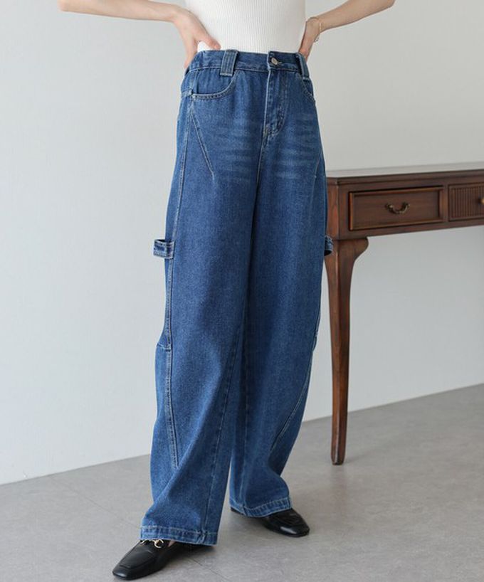 日本 BLUE EAST - 率性寬鬆感高腰畫家丹寧褲-淺藍