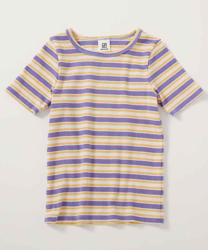 日本 devirock - 清爽夏日線條配色短袖上衣-紫黃