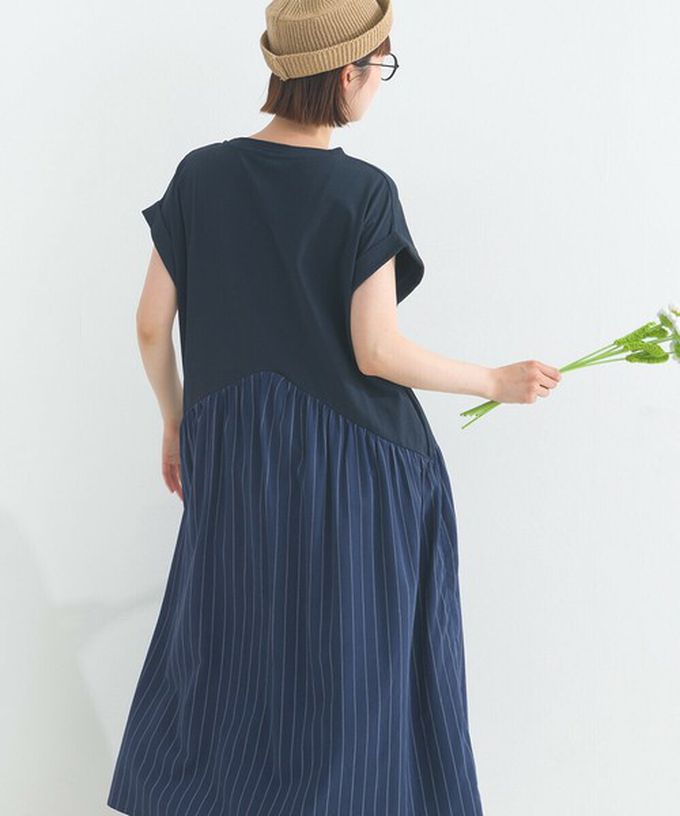 日本 Lupilien - [人氣款]亞麻混紡條紋拼接短袖洋裝-芥末黃