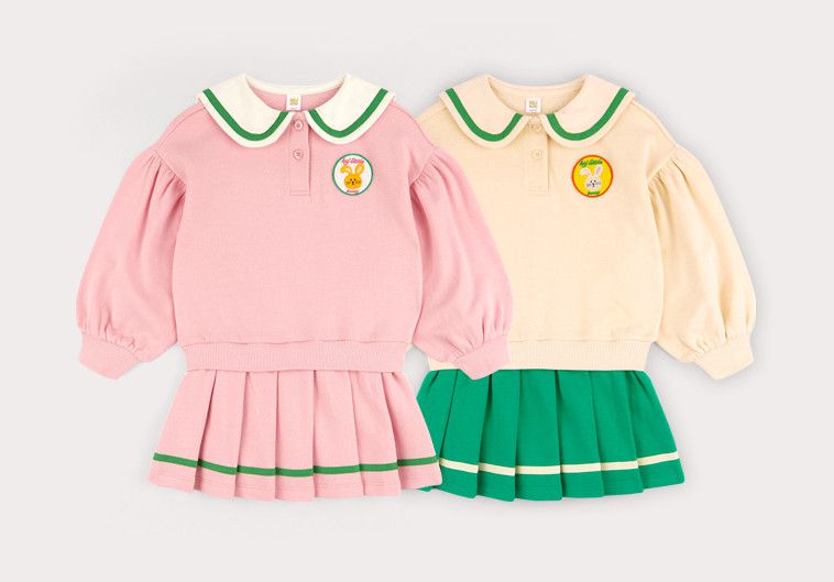 韓國 HEJMINI - (裏起毛)假兩件水手領百褶裙洋裝-米X綠