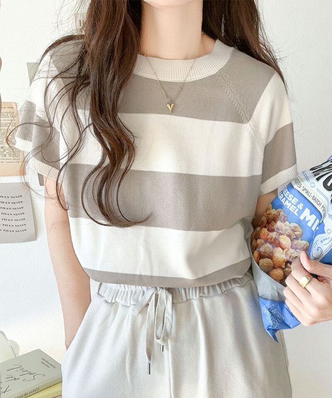 日本 Classical Elf - 定番條紋2way亨利領短袖上衣-摩卡