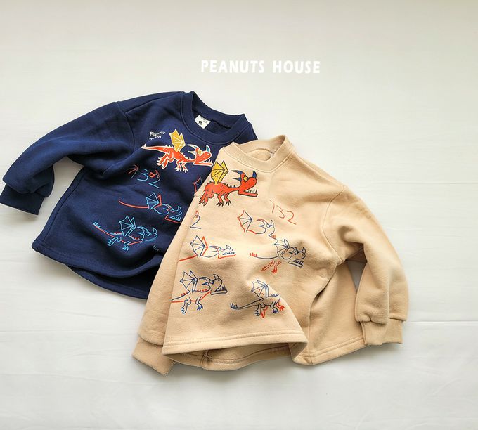 韓國 Peanuts House - (內磨毛)手繪噴火龍長袖上衣-深藍