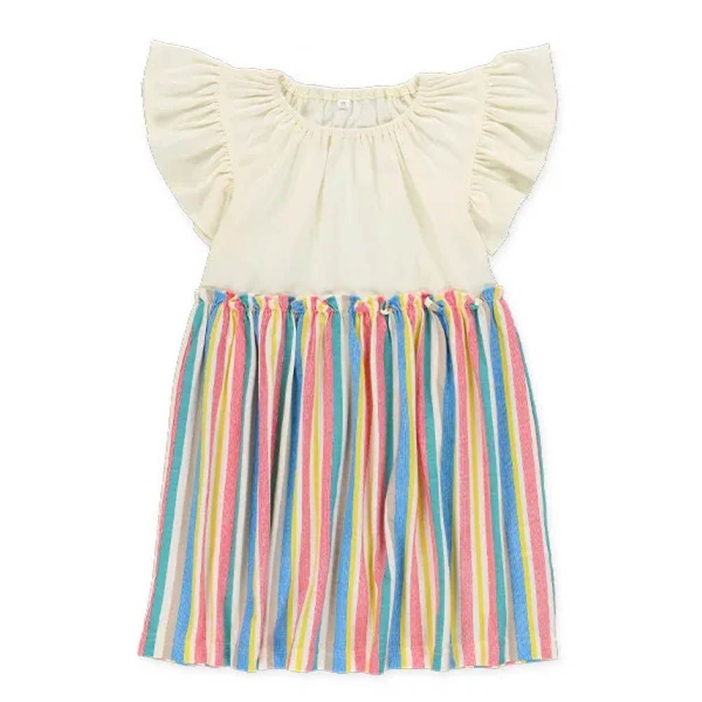 彩色條紋可愛荷葉短袖洋裝-白