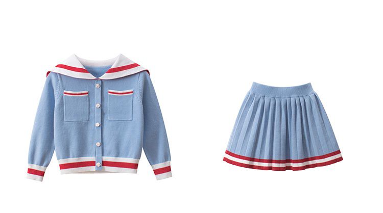 長袖針織套裝-學院風-藍色