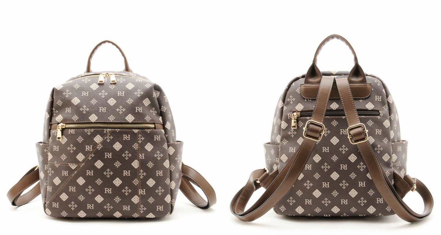 日本 FIRANO - 經典花紋仿皮復古後背包-棕 (30x27x11cm)