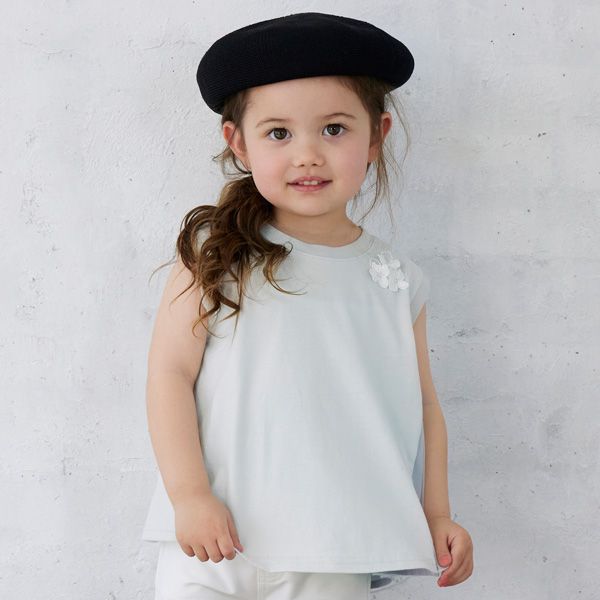 日本 petit main - 小花薄紗拼接A line無袖上衣-淺綠