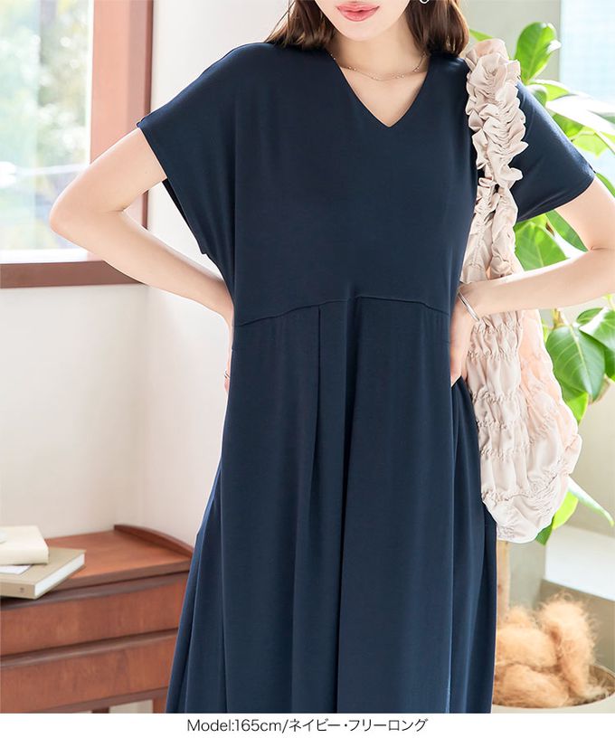 日本 Kobe Lettuce - 接觸冷感 腰線修身V領洋裝-定番黑