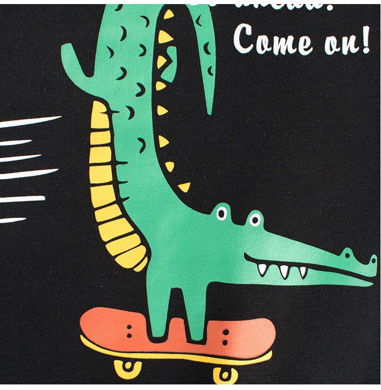 加絨棉質圓領長袖上衣/大學T-特技鱷魚-黑色